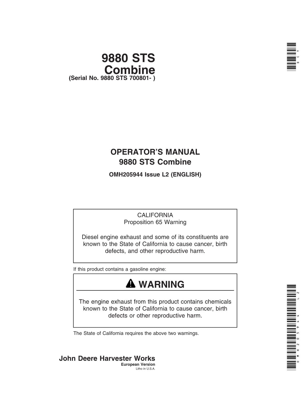 JOHN DEERE 9880 STS COMBINE OPERATOR MANUAL #2