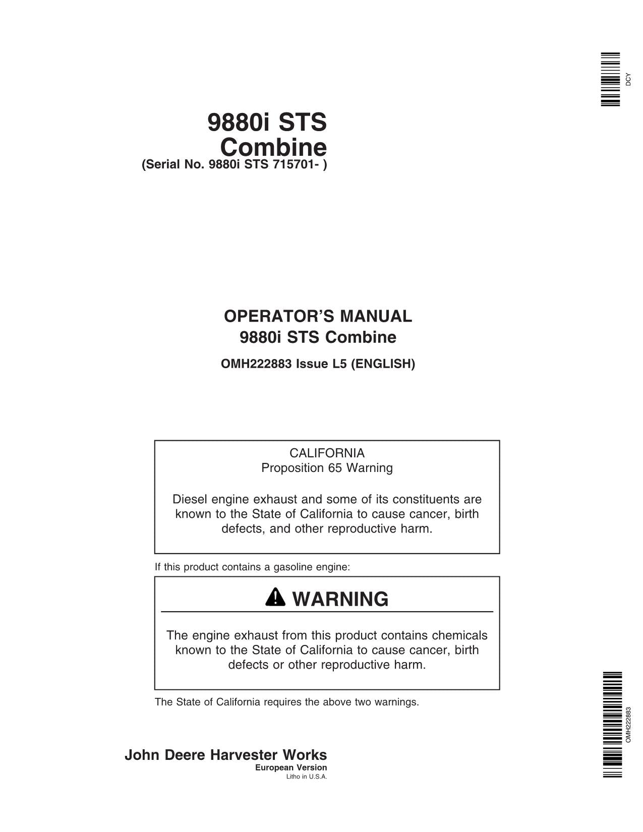 JOHN DEERE 9880i STS MÄHDRESCHER-BETRIEBSHANDBUCH Nr. 1