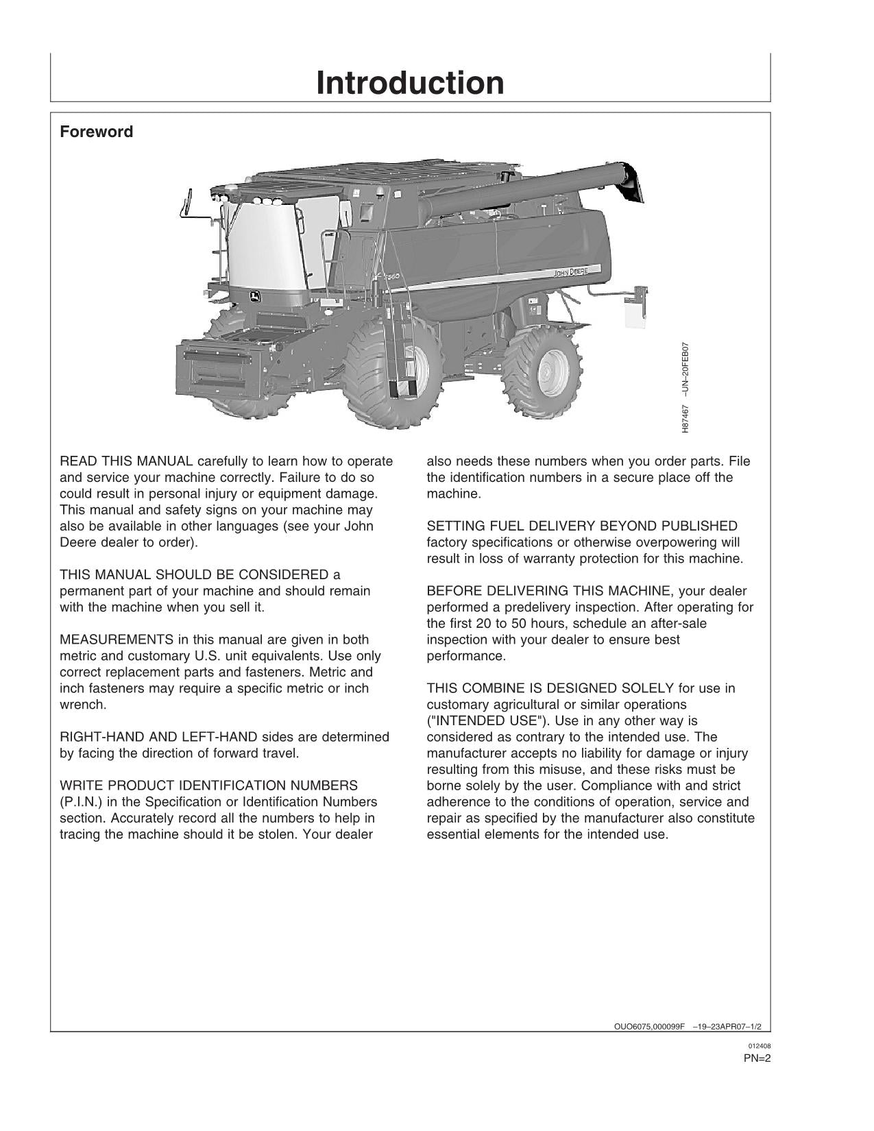 JOHN DEERE S560 STS MÄHDRESCHER-BETRIEBSHANDBUCH Nr. 1