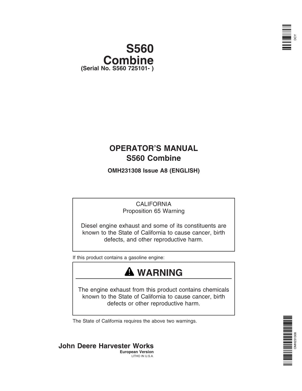 JOHN DEERE S560 STS COMBINE OPERATOR MANUAL #1