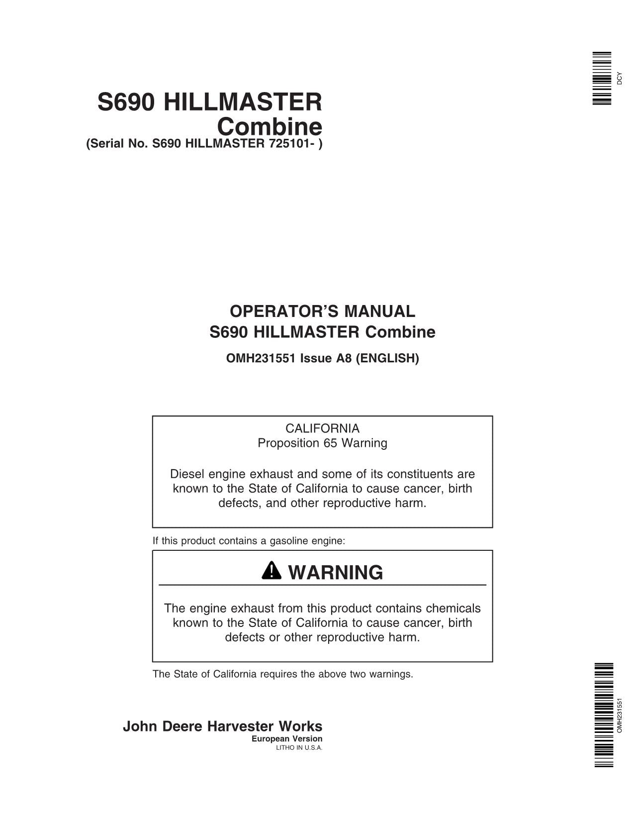 JOHN DEERE S690 COMBINE OPERATOR MANUAL #1