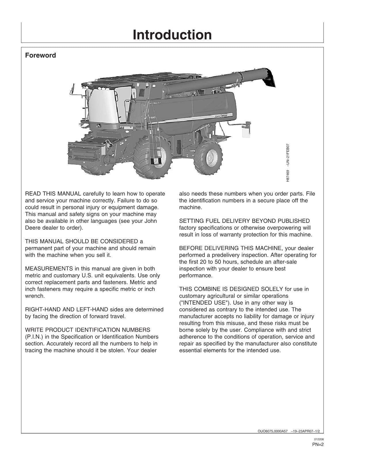 JOHN DEERE S690 MÄHDRESCHER-BETRIEBSHANDBUCH Nr. 1