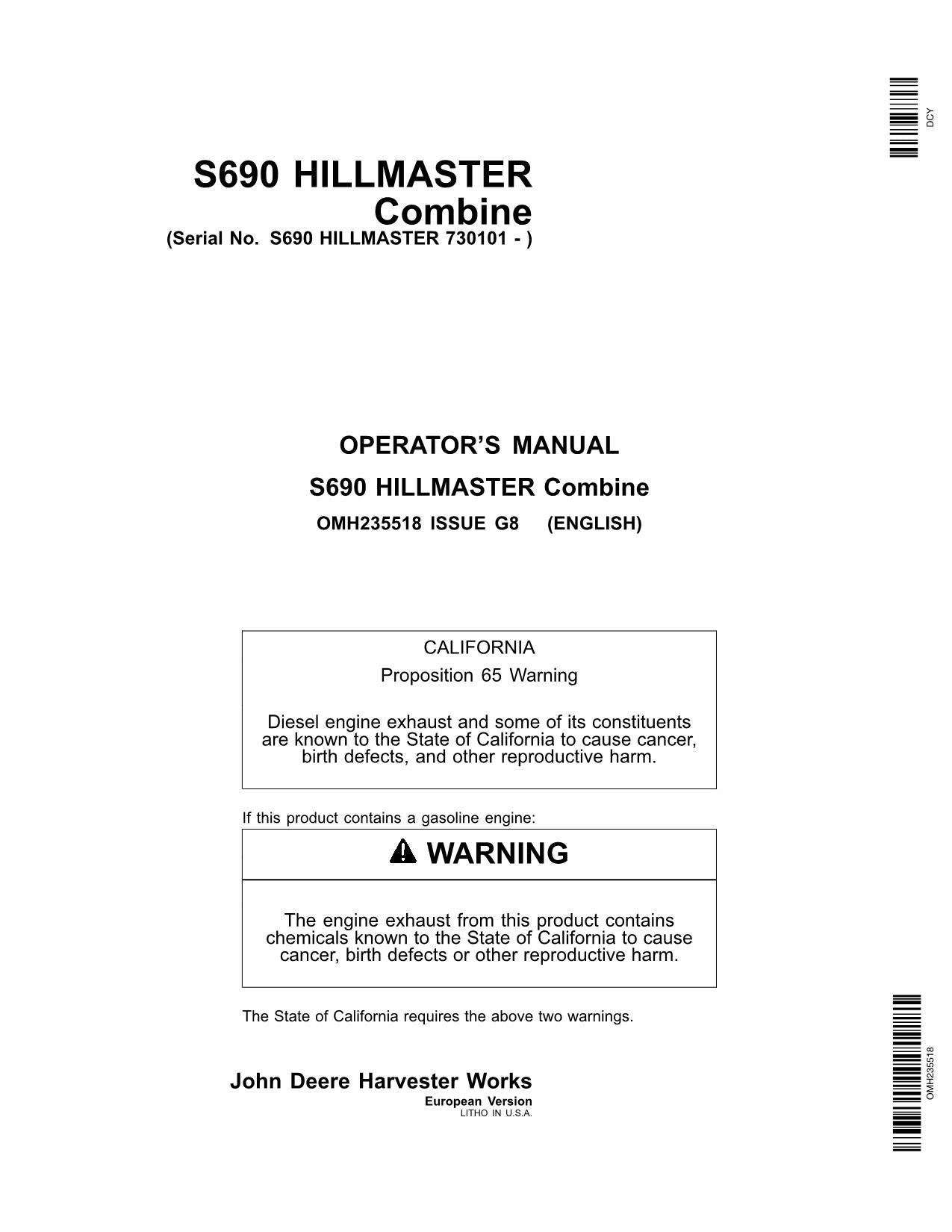 JOHN DEERE S690 MÄHDRESCHER-BETRIEBSHANDBUCH NR. 2