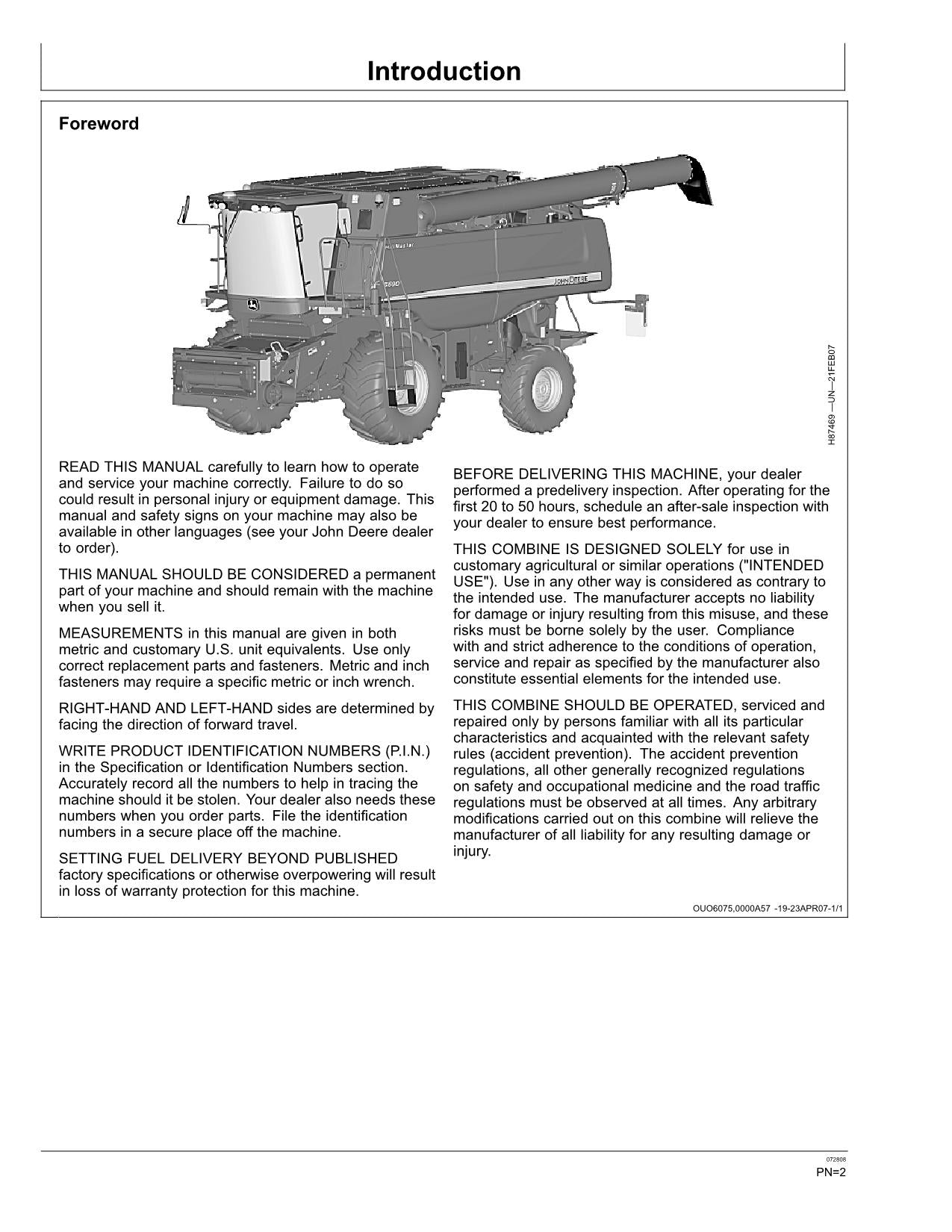 JOHN DEERE S690 MÄHDRESCHER-BETRIEBSHANDBUCH NR. 2