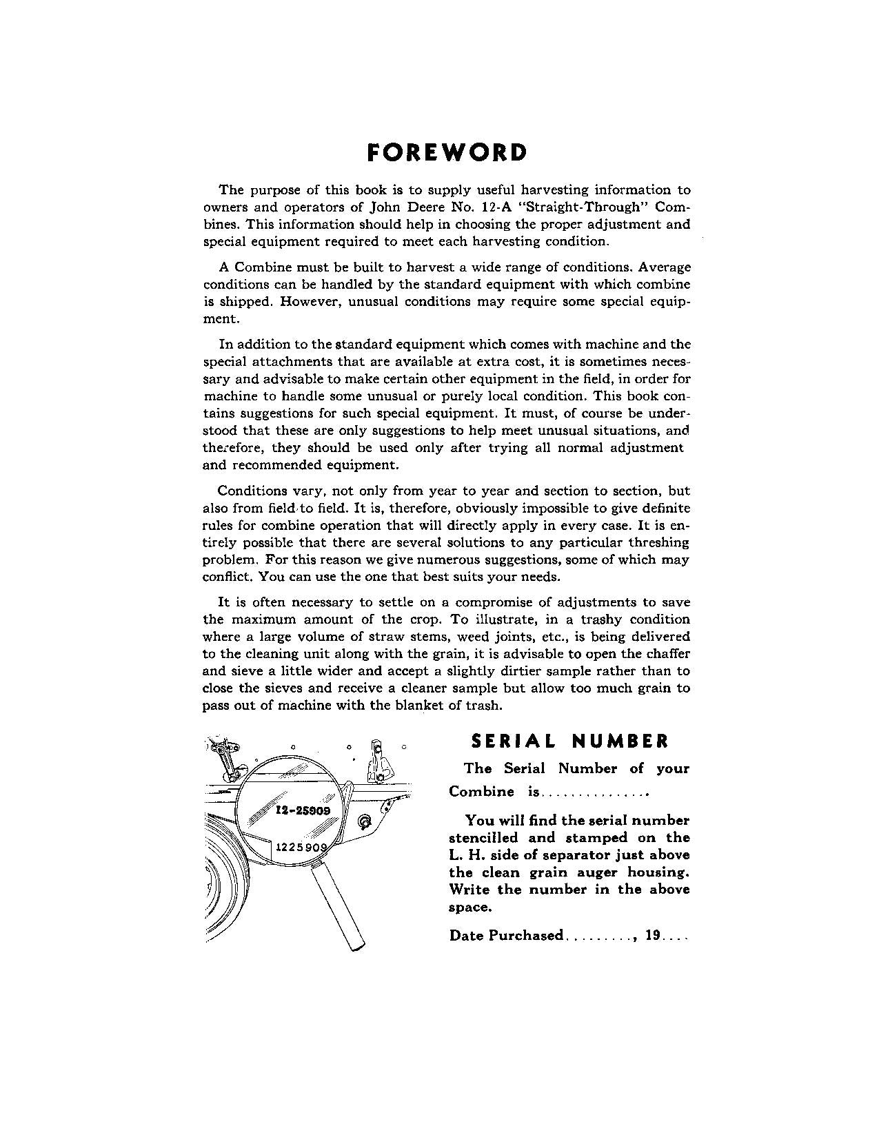 JOHN DEERE 12-A COMBINE OPERATOR MANUAL #1