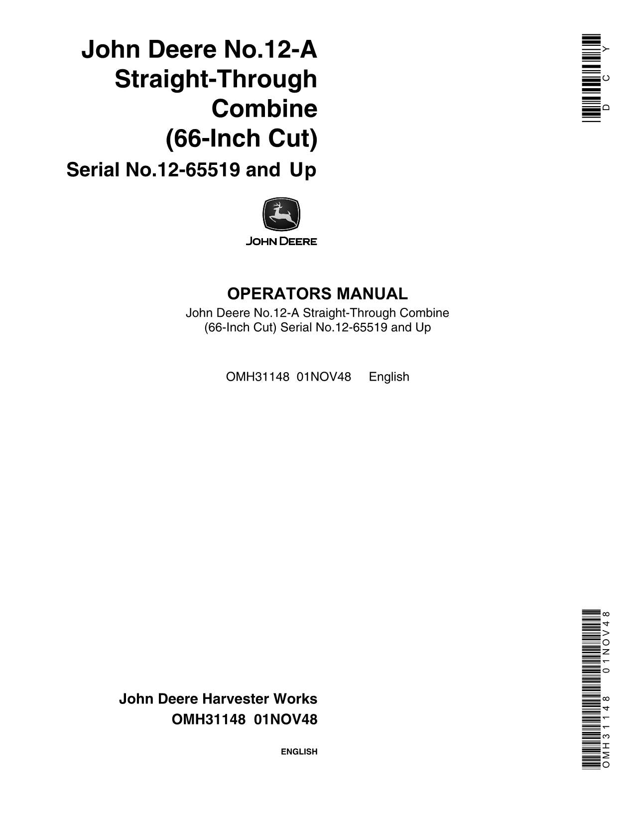 JOHN DEERE 12-A COMBINE OPERATOR MANUAL #1