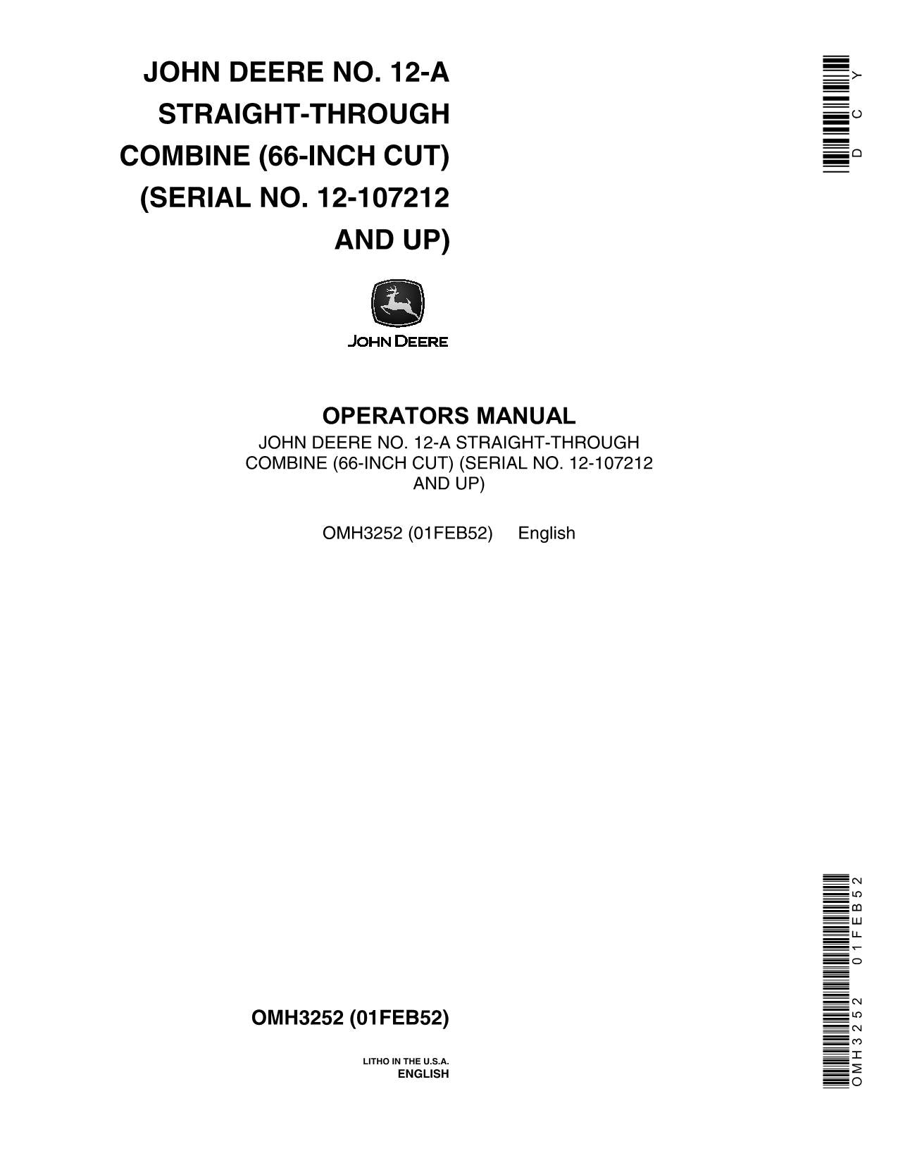 JOHN DEERE 12-A COMBINE OPERATOR MANUAL #2