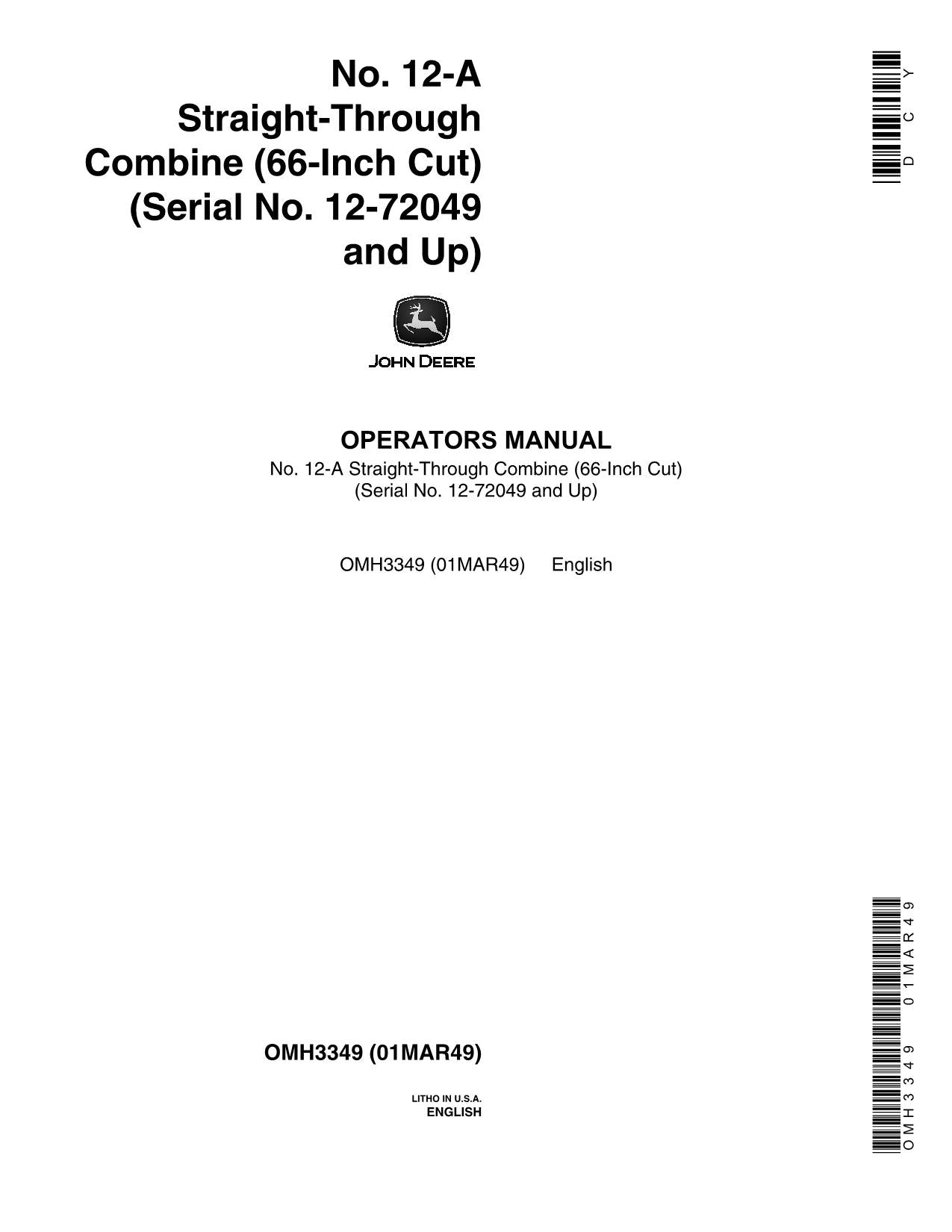 JOHN DEERE 12-A COMBINE OPERATOR MANUAL #3