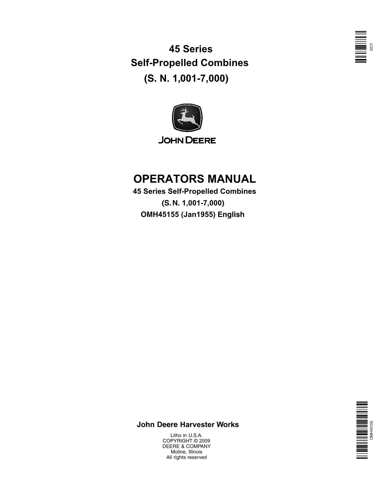 JOHN DEERE 45 COMBINE OPERATOR MANUAL #1