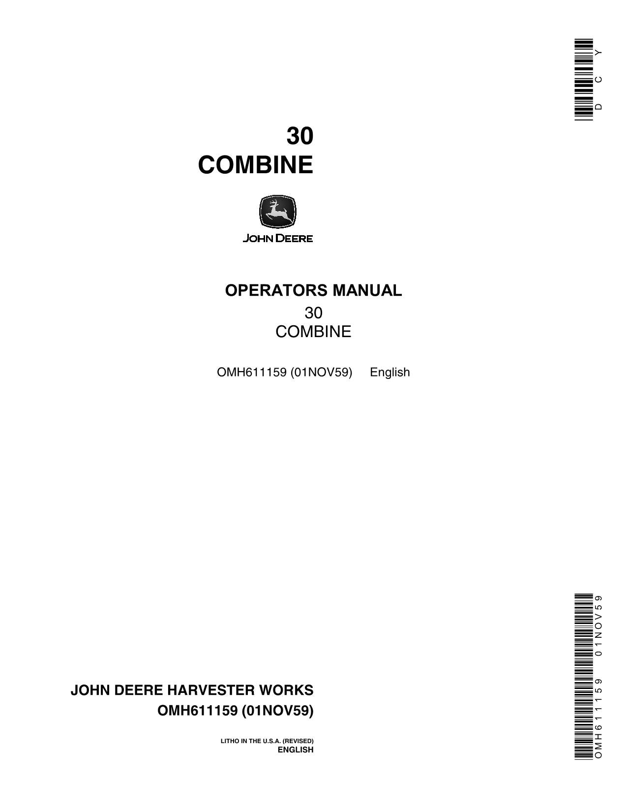 JOHN DEERE 30 MÄHDRESCHER-BETRIEBSHANDBUCH