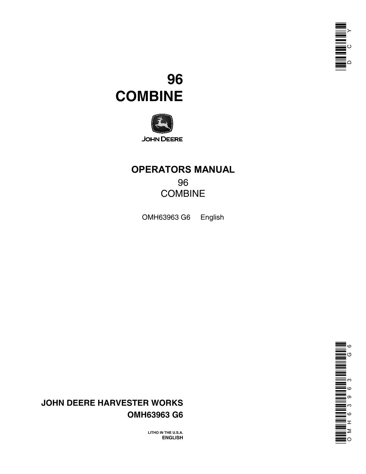 JOHN DEERE 96 MÄHDRESCHER-BETRIEBSHANDBUCH