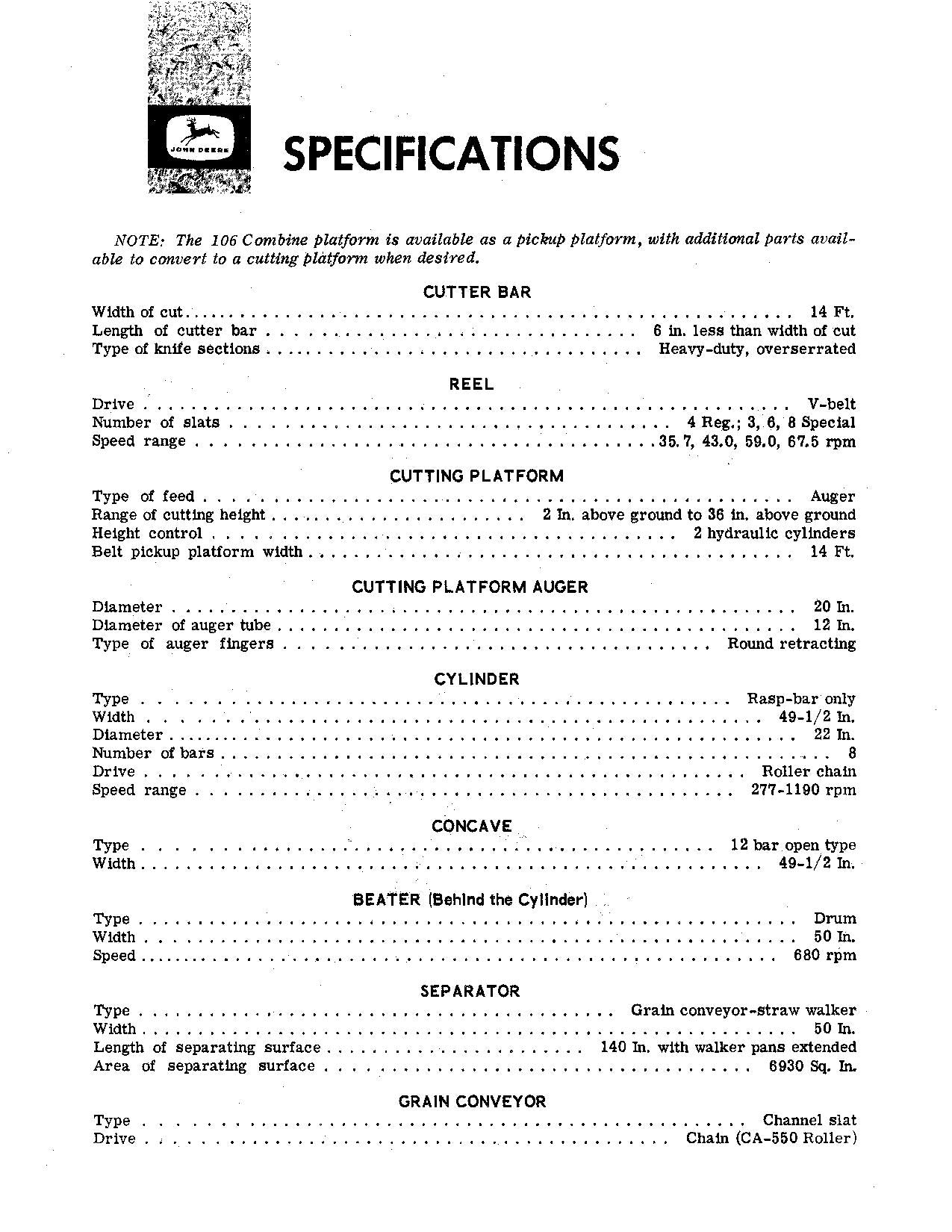 JOHN DEERE 106 COMBINE OPERATOR MANUAL #1