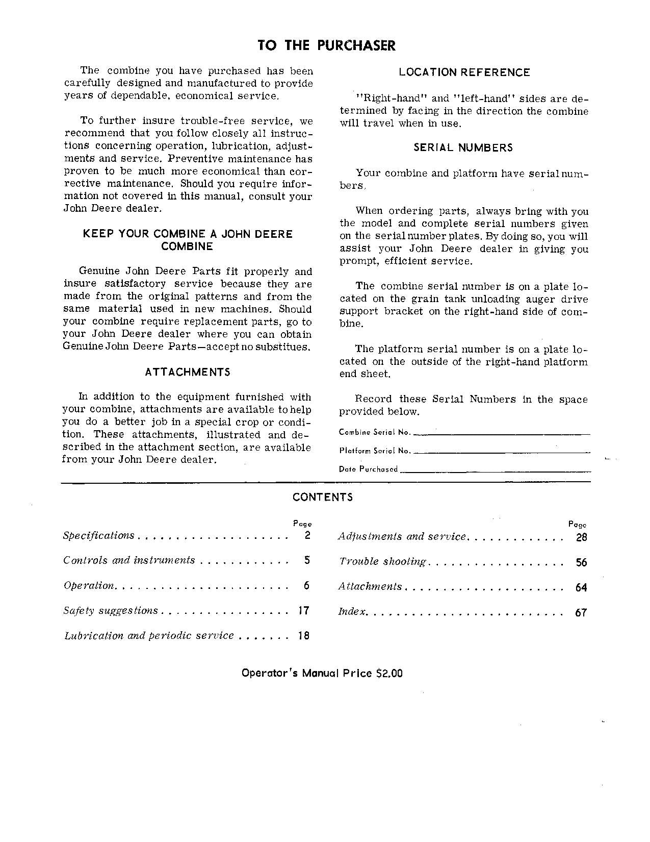 JOHN DEERE 106 MÄHDRESCHER-BETRIEBSHANDBUCH Nr. 1