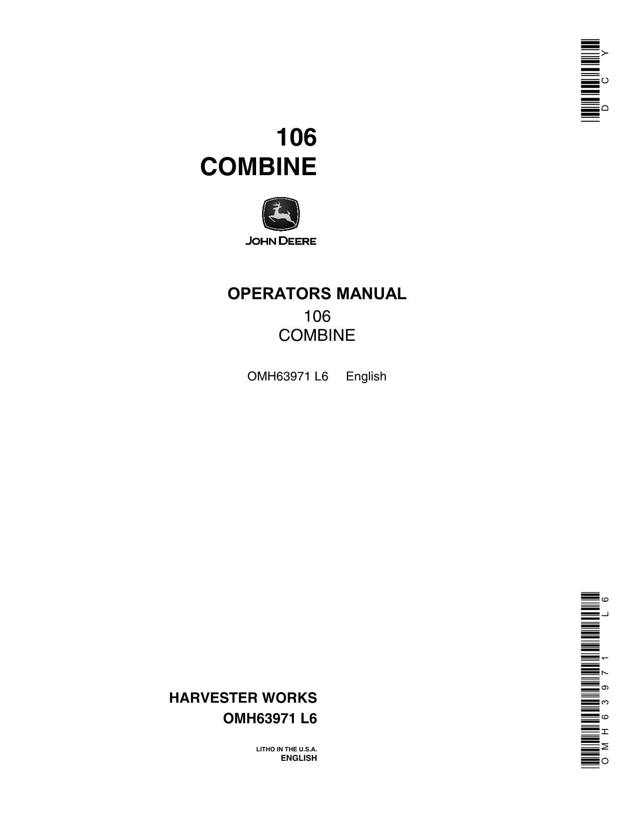 JOHN DEERE 106 COMBINE OPERATOR MANUAL #1