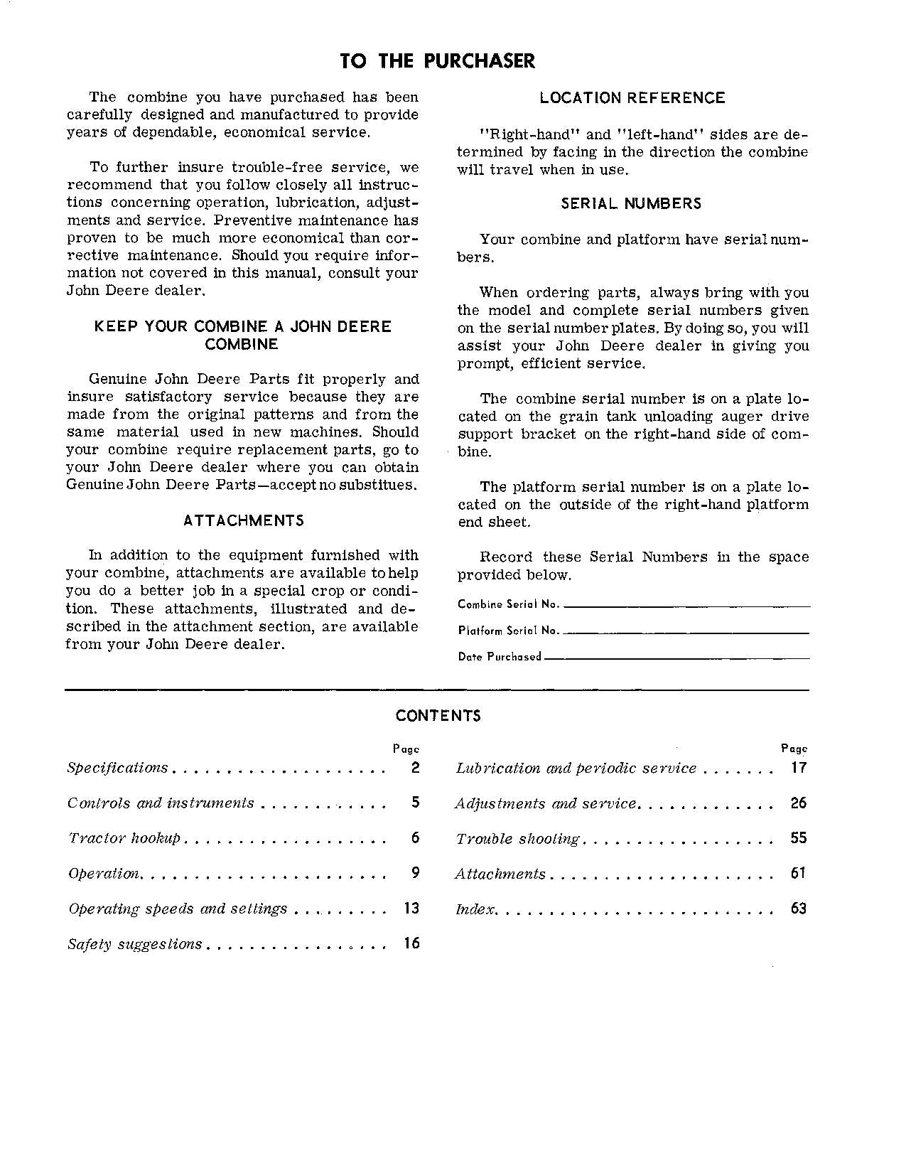 JOHN DEERE 106 COMBINE OPERATOR MANUAL #2