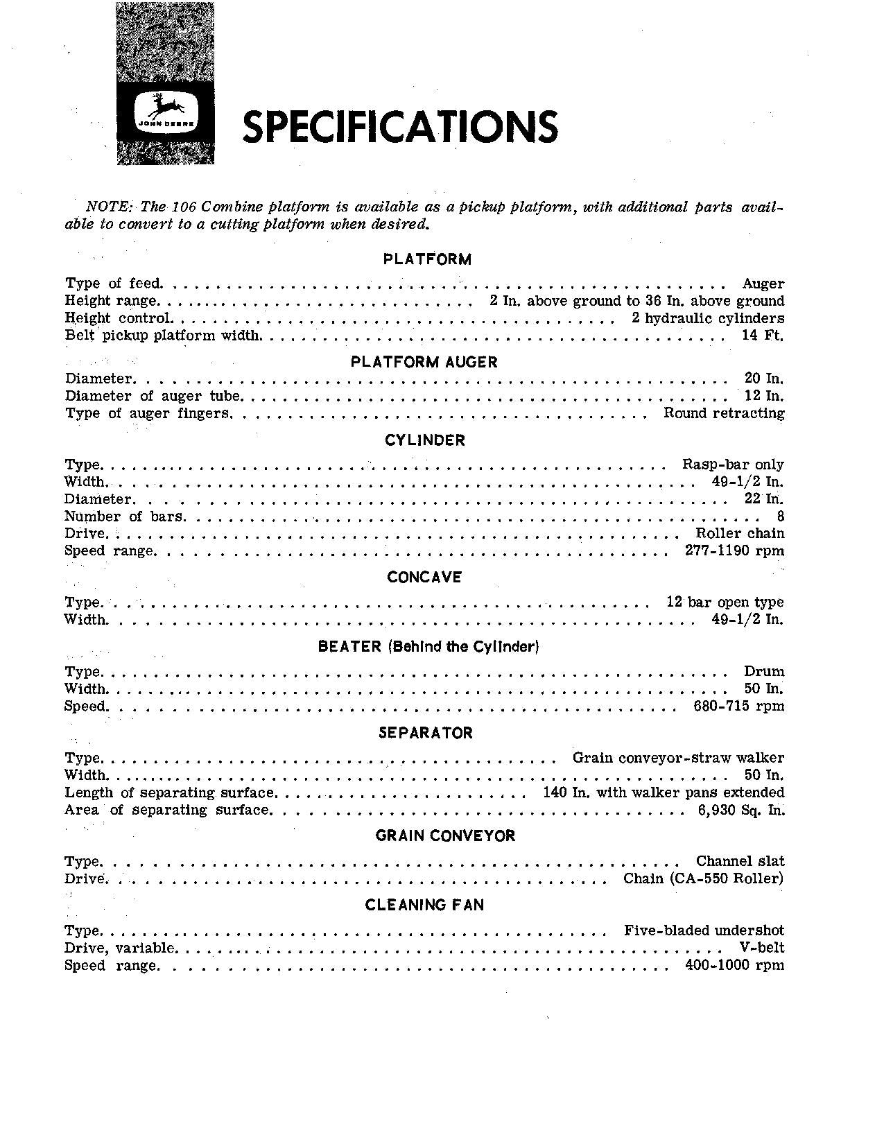 JOHN DEERE 106 COMBINE OPERATOR MANUAL #2