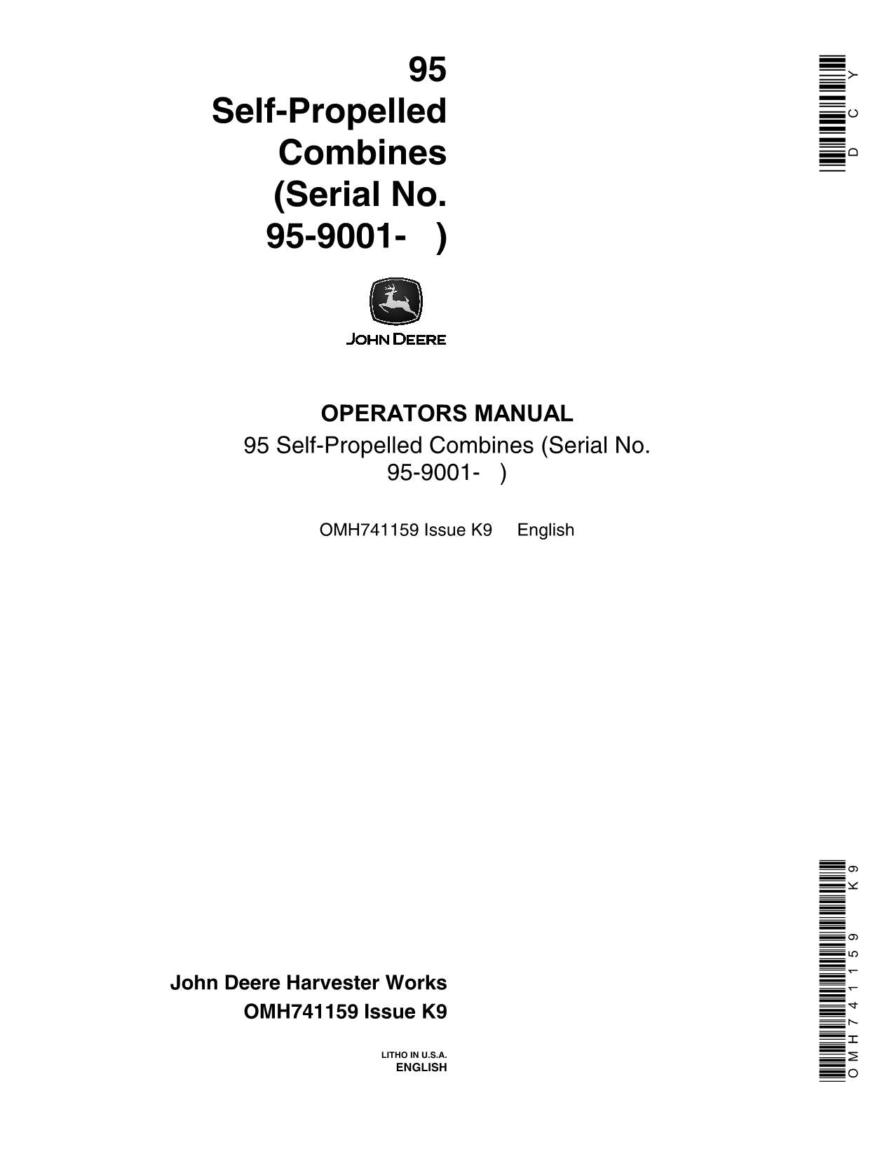 JOHN DEERE 95 COMBINE OPERATOR MANUAL #1