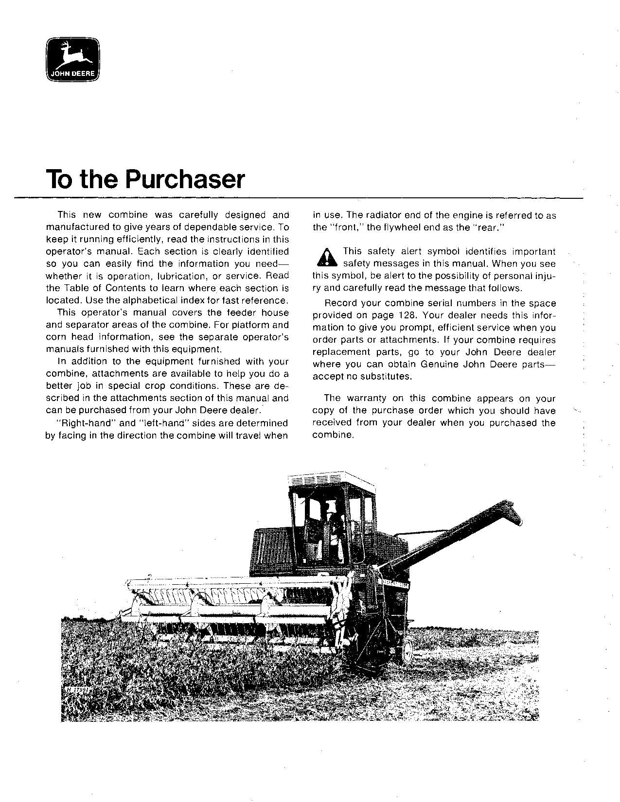 JOHN DEERE 3300 MÄHDRESCHER-BETRIEBSHANDBUCH Nr. 1