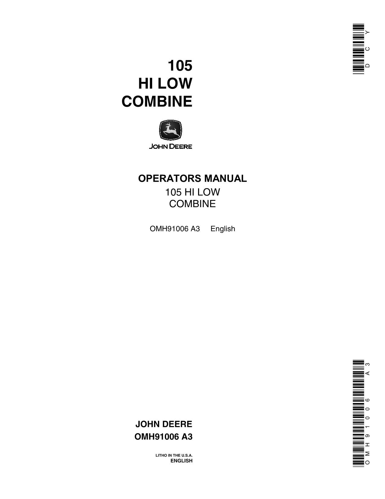 JOHN DEERE 95H COMBINE OPERATOR MANUAL #6