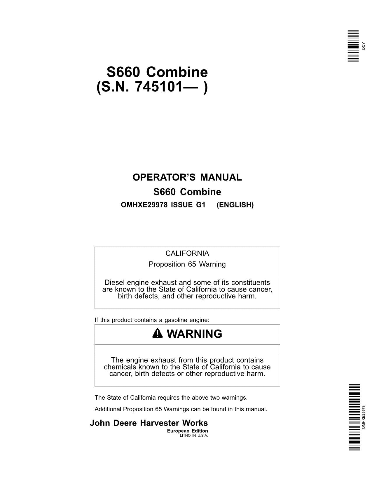 JOHN DEERE S660 STS COMBINE OPERATOR MANUAL #2