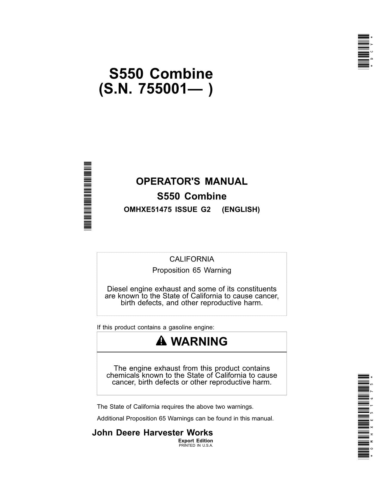 JOHN DEERE S550 MÄHDRESCHER-BETRIEBSHANDBUCH NR. 2