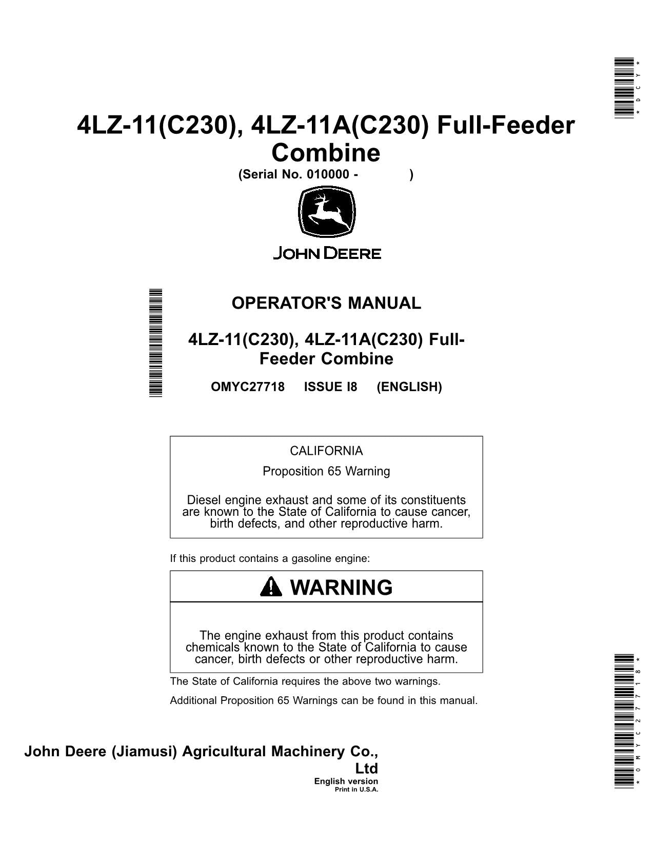 JOHN DEERE C230 4LZ-11 C230 4LZ-11A MÄHDRESCHER-BETRIEBSHANDBUCH