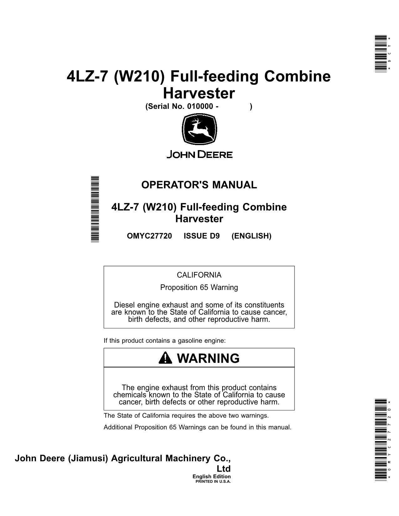 JOHN DEERE W210 4LZ-7 COMBINE OPERATOR MANUAL