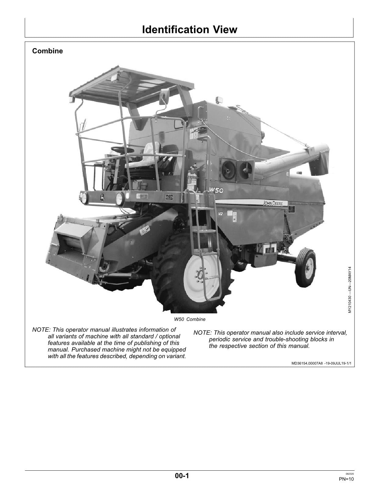 JOHN DEERE W50 V2 COMBINE OPERATOR MANUAL