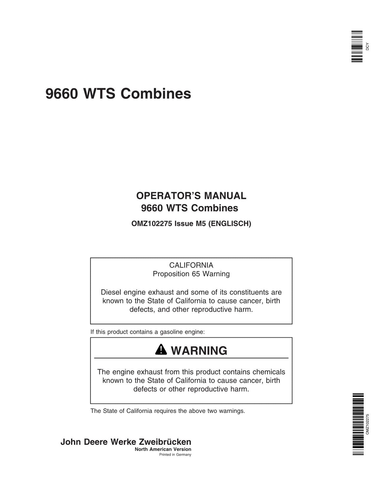 JOHN DEERE 9660 WTS COMBINE OPERATOR MANUAL #1