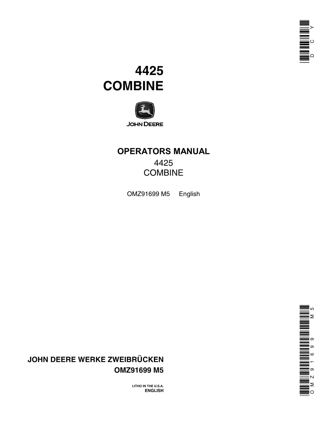 JOHN DEERE 4425 COMBINE OPERATOR MANUAL #1