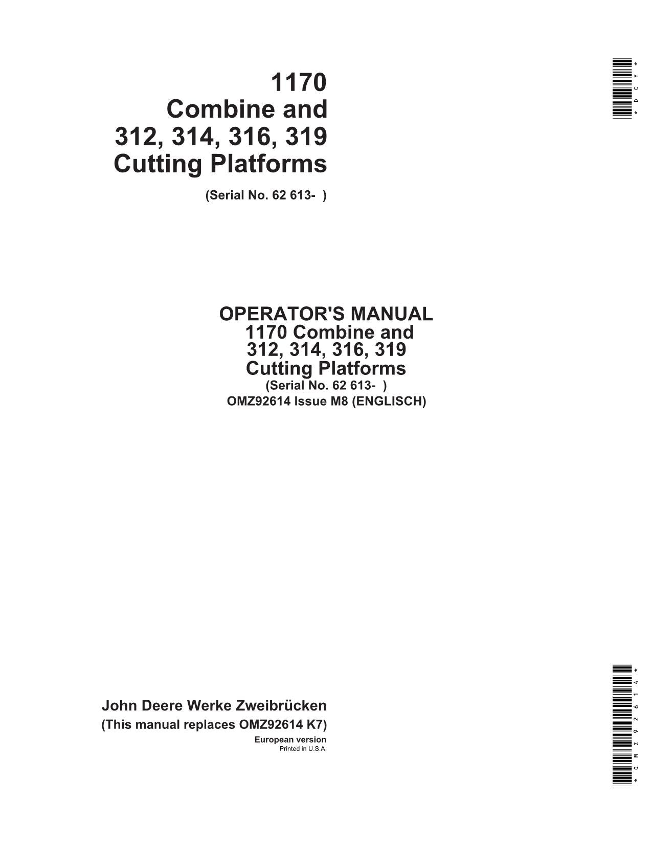 JOHN DEERE 1170 312 314 316 319 MÄHDRESCHER-BETRIEBSHANDBUCH