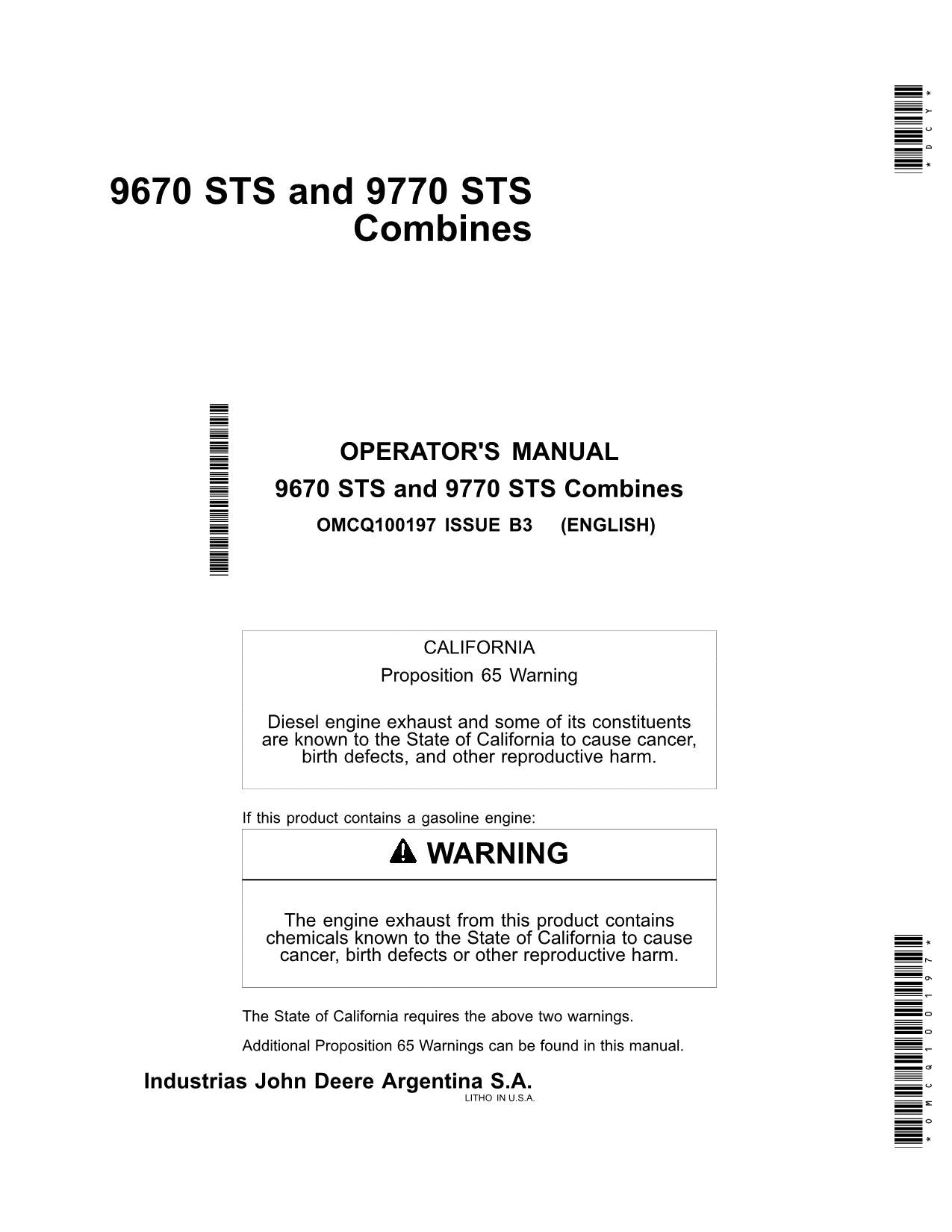 JOHN DEERE 9670 STS 9770 STS COMBINE OPERATOR MANUAL #1