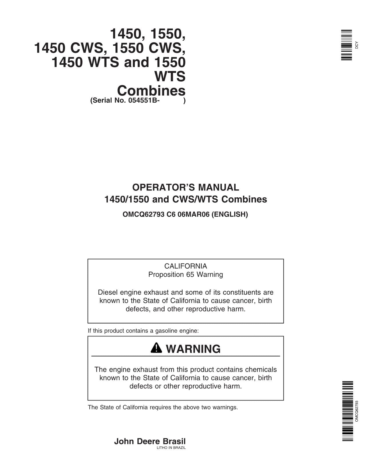 JOHN DEERE 1550 WTS 1450 CWS 1550 1450 WTS 1450 1550 COMBINE OPERATOR MANUAL