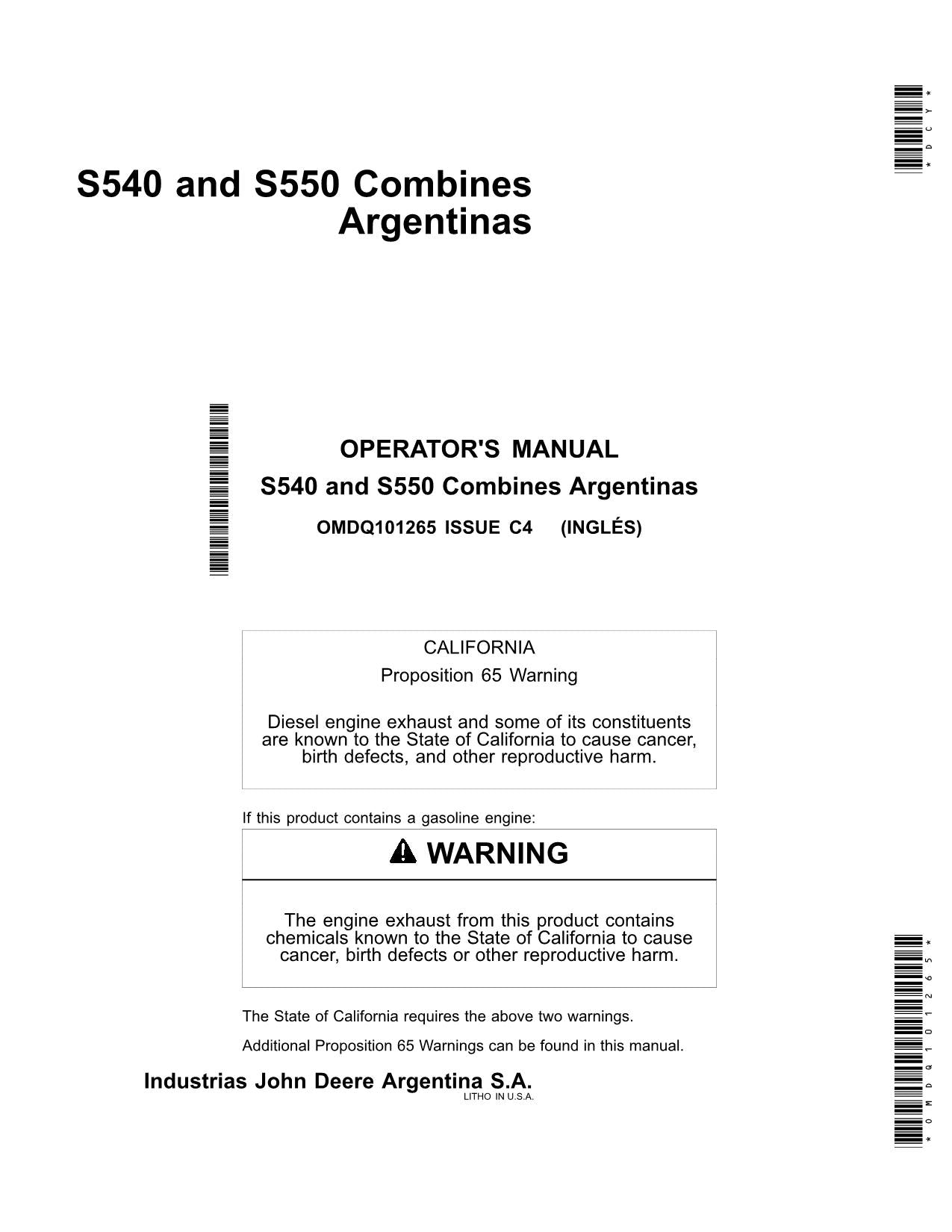 JOHN DEERE S550 S540 MÄHDRESCHER-BETRIEBSHANDBUCH