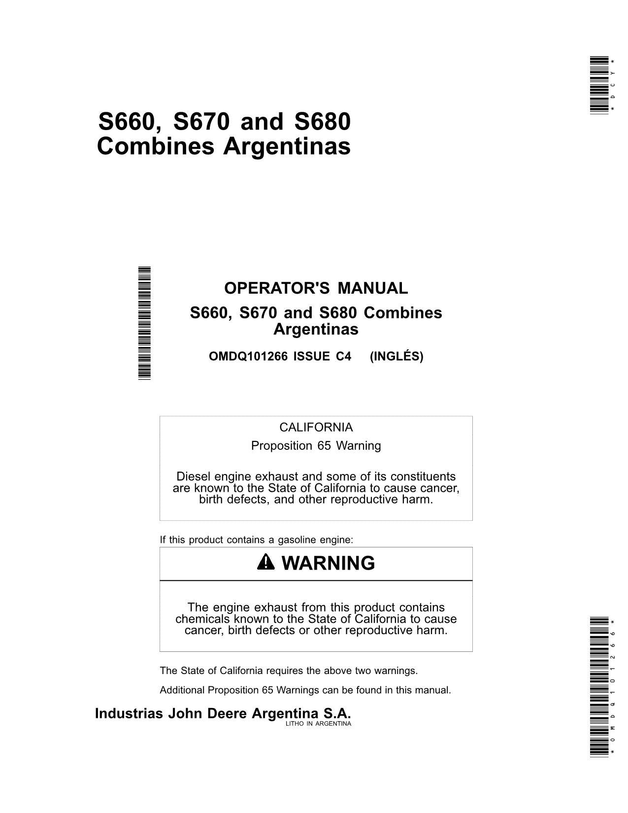 MANUEL D'UTILISATION DE LA MOISSONNEUSE-BATTEUSE JOHN DEERE S670 S680 S660 S690