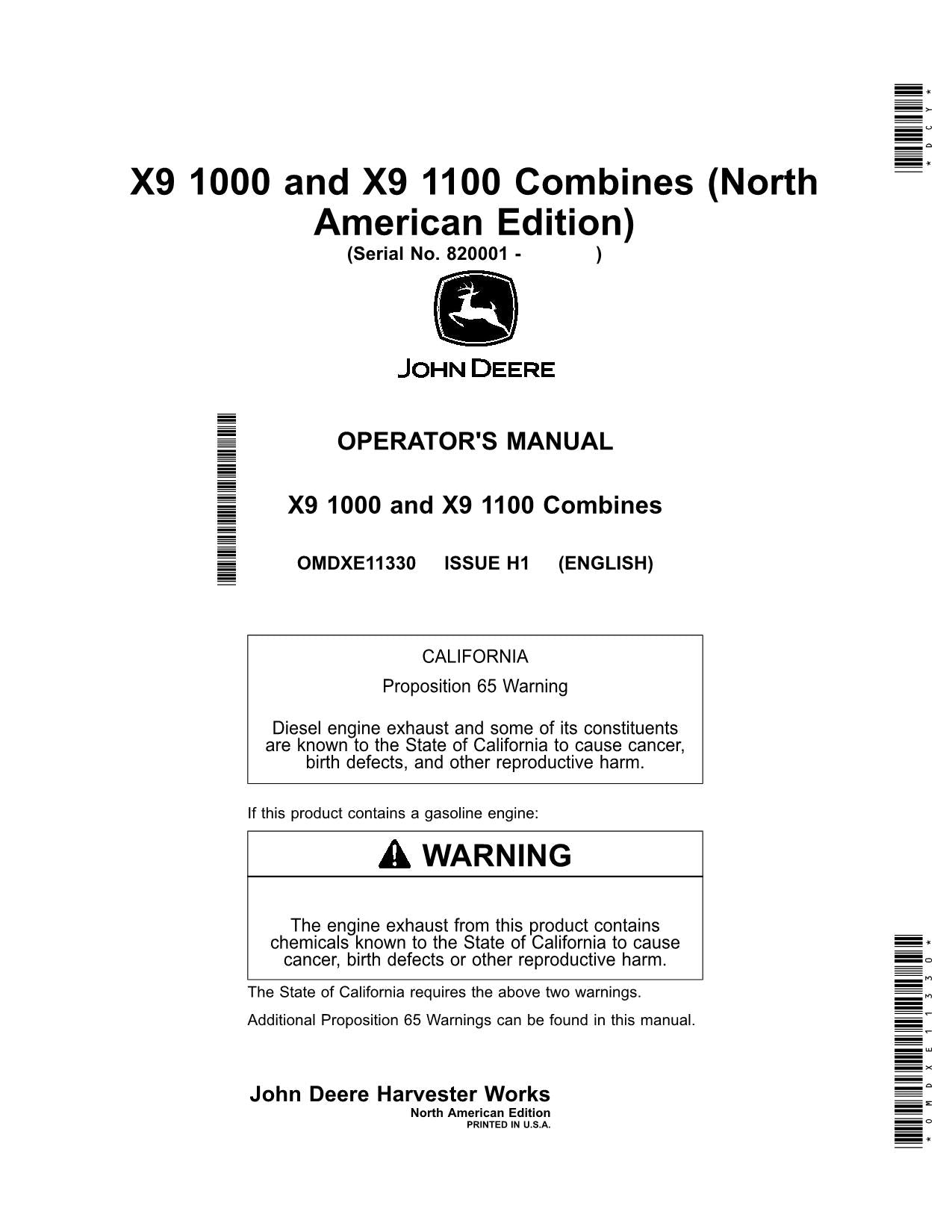 JOHN DEERE X9 1000 1100 COMBINE OPERATOR MANUAL 820001-NORTH AMERICAN