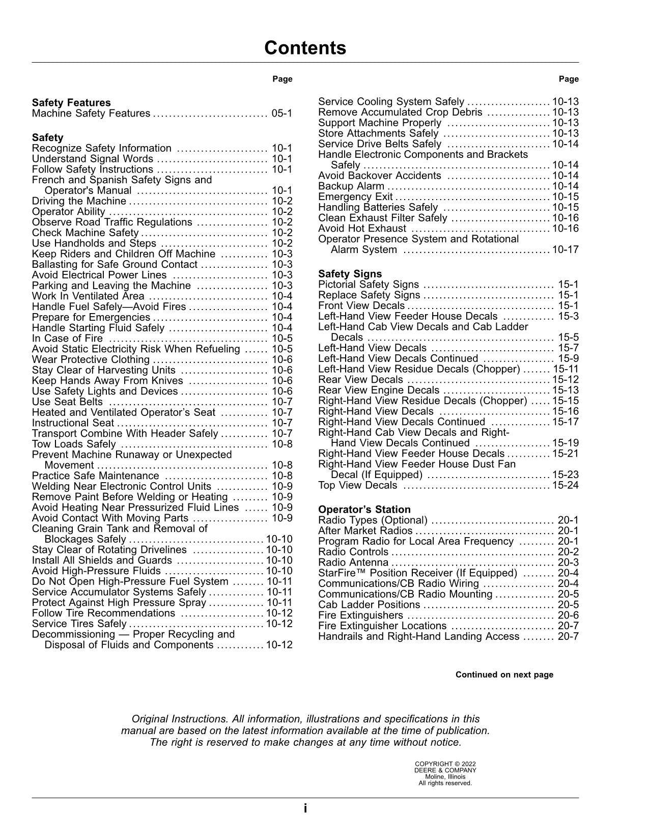 JOHN DEERE X9 1000 X9 1100 COMBINE OPERATORS MANUAL EXPORT EDITION