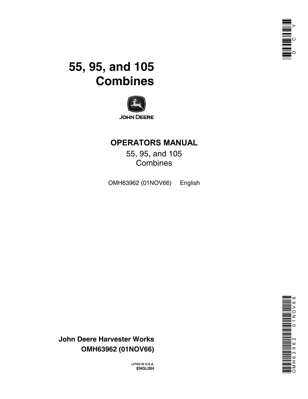 JOHN DEERE 105 55 95 COMBINE OPERATOR MANUAL #2