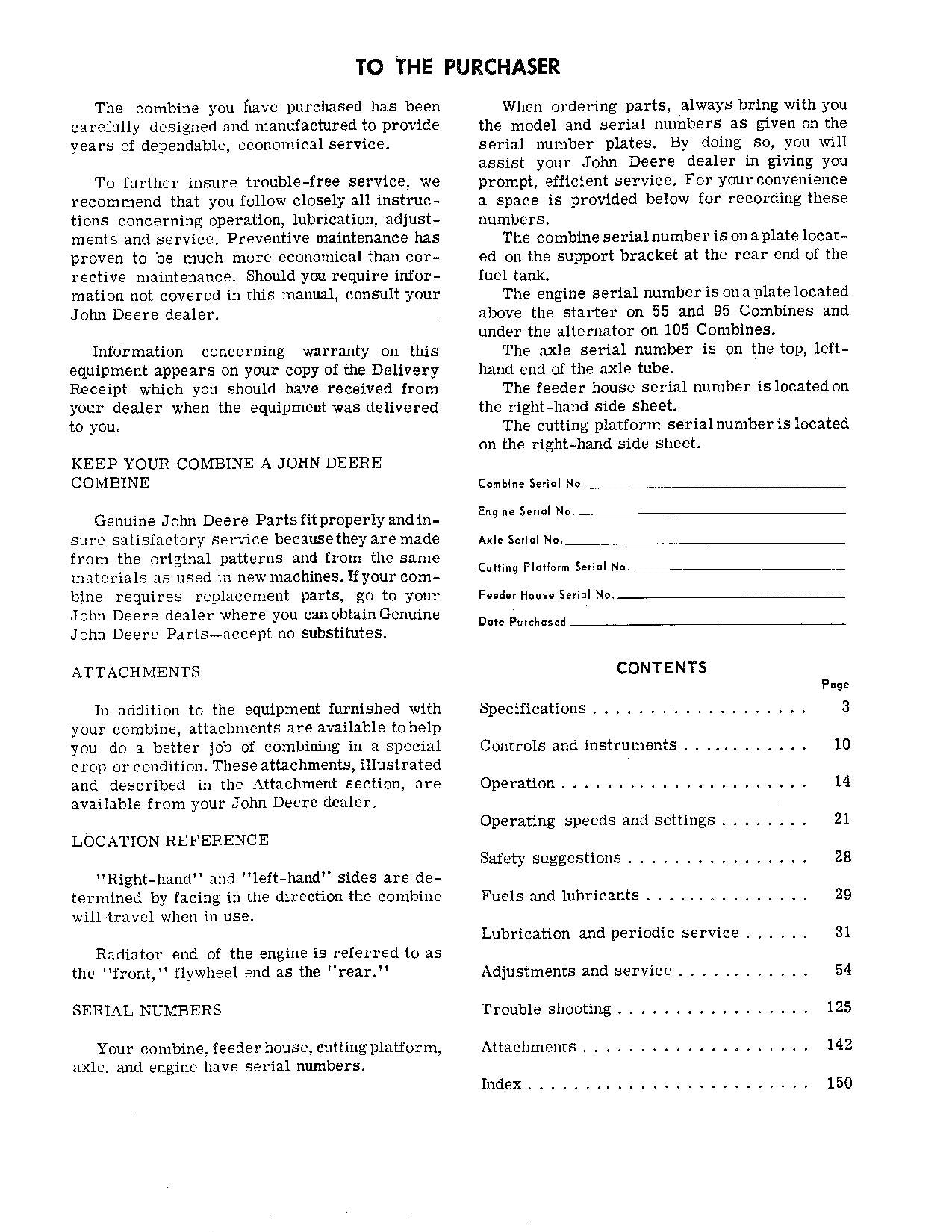 JOHN DEERE 105 55 95 MÄHDRESCHER-BETRIEBSHANDBUCH Nr. 3