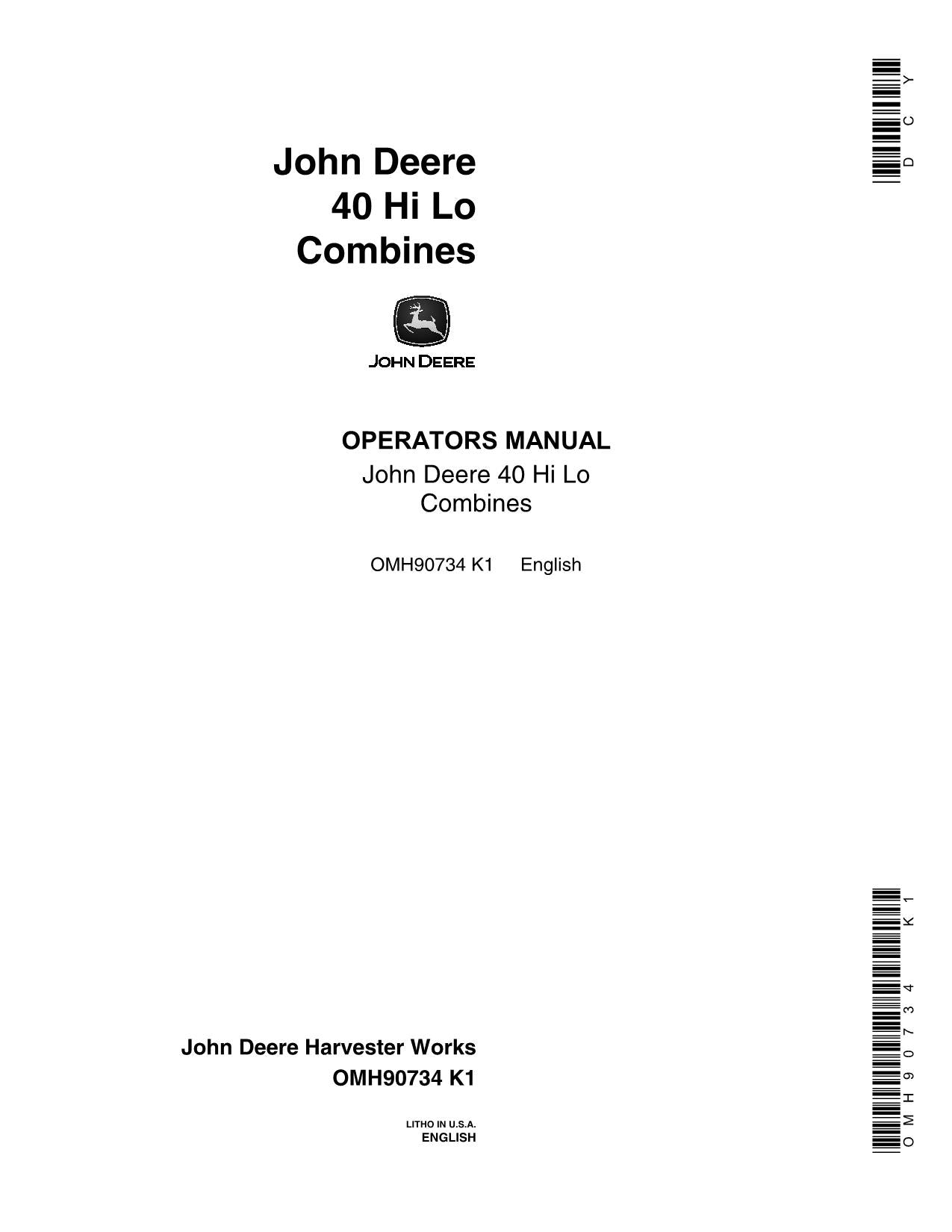 JOHN DEERE 40 COMBINE OPERATOR MANUAL #2