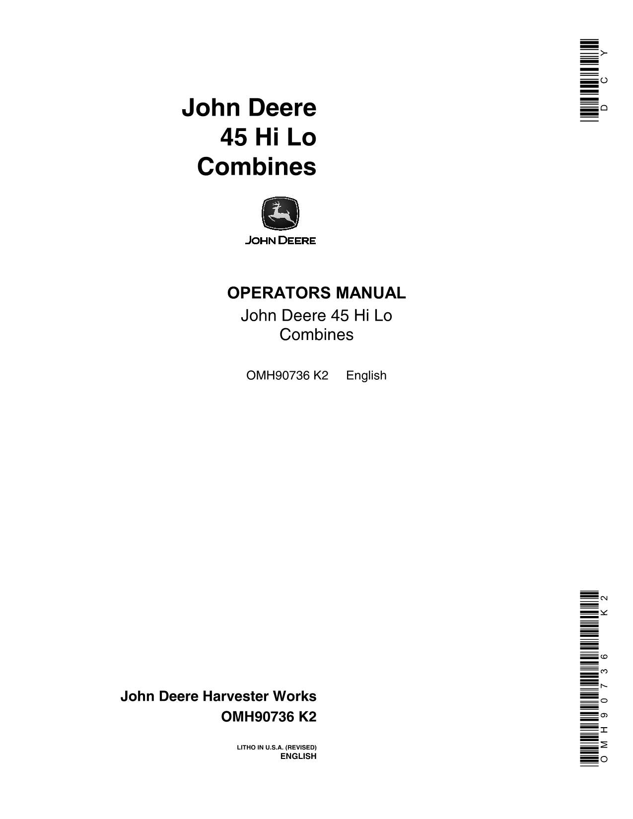 JOHN DEERE 45 MÄHDRESCHER-BETRIEBSHANDBUCH NR. 9