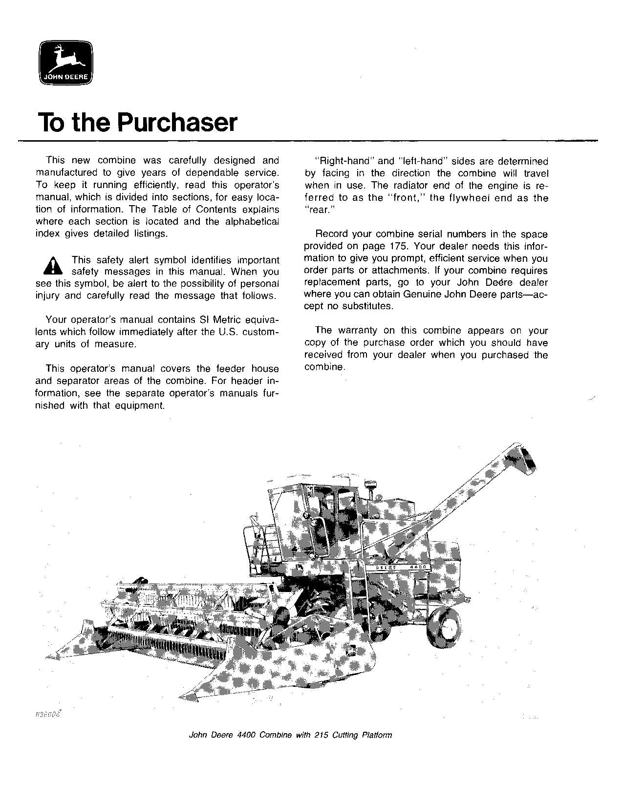 JOHN DEERE 3300 4400 COMBINE OPERATOR MANUAL