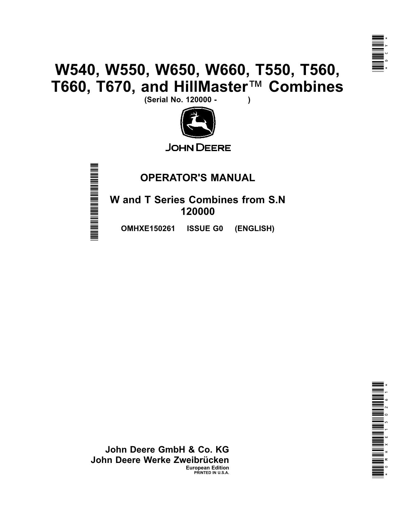 JOHN DEERE W540 W550 W650 W660 T550 T560 COMBINE OPERATOR MANUAL 120000-