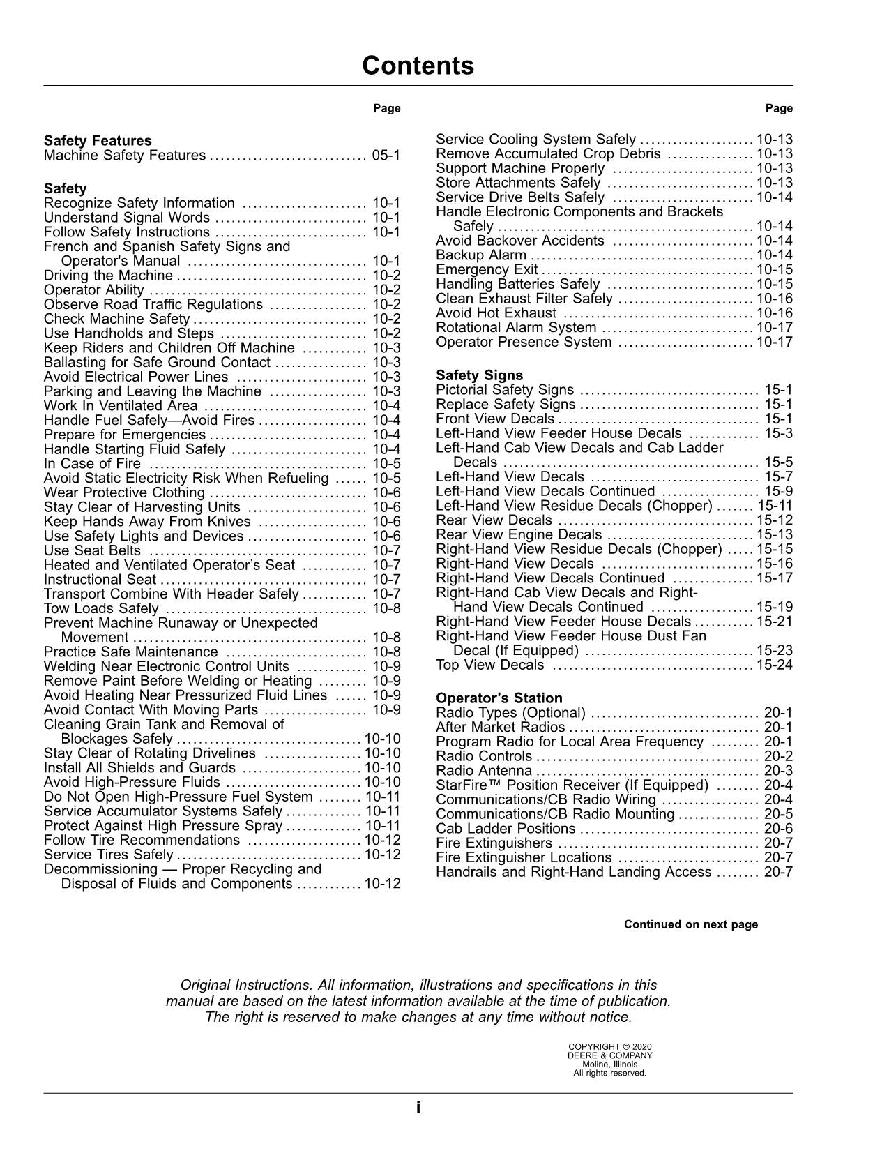 JOHN DEERE X9 1000 1100 COMBINE OPERATORS MANUAL 815001-820000 EXPORT