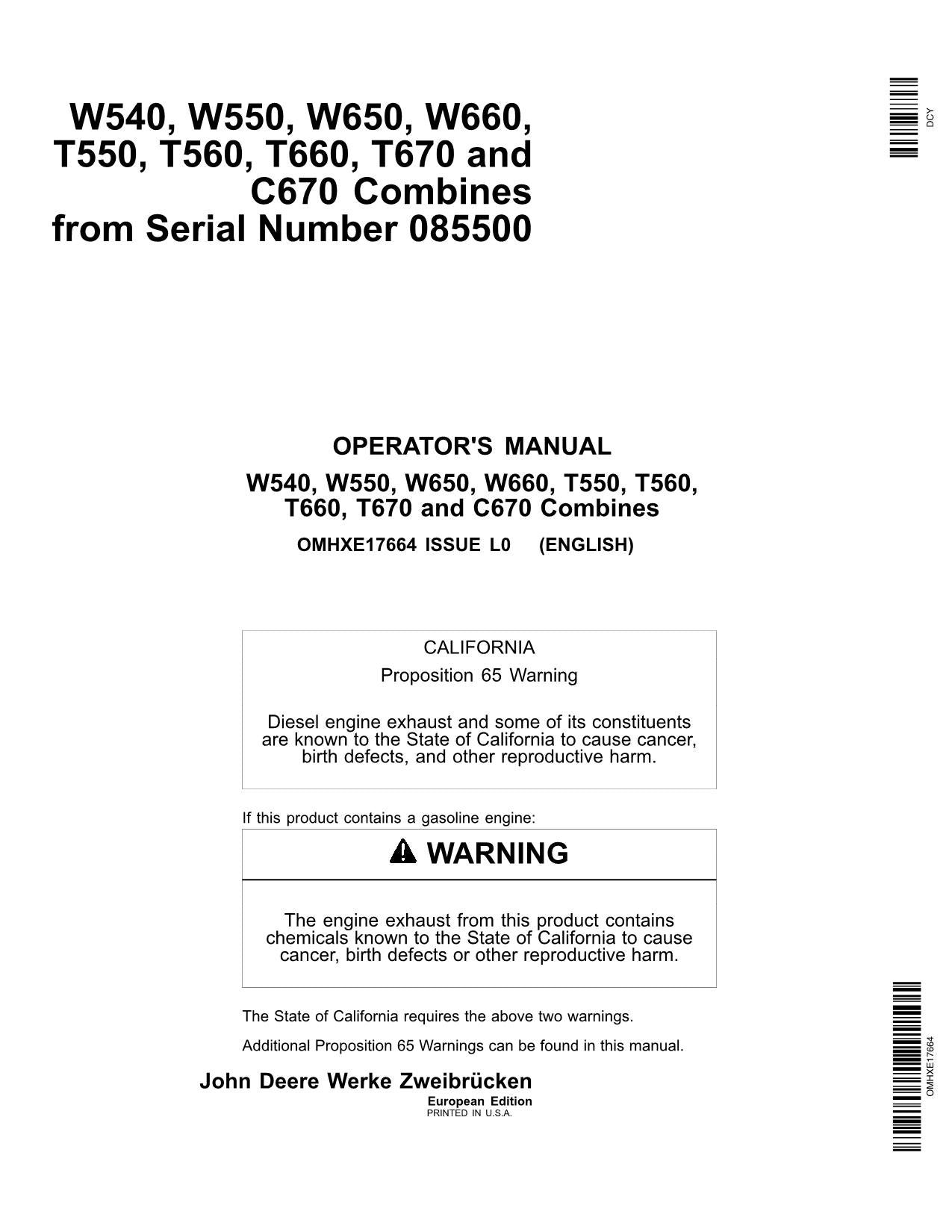 JOHN DEERE W540 W550 W650 W660 T550 T560 T660 T670 C670 MÄHDRESCHER BEDIENUNGSANLEITUNG