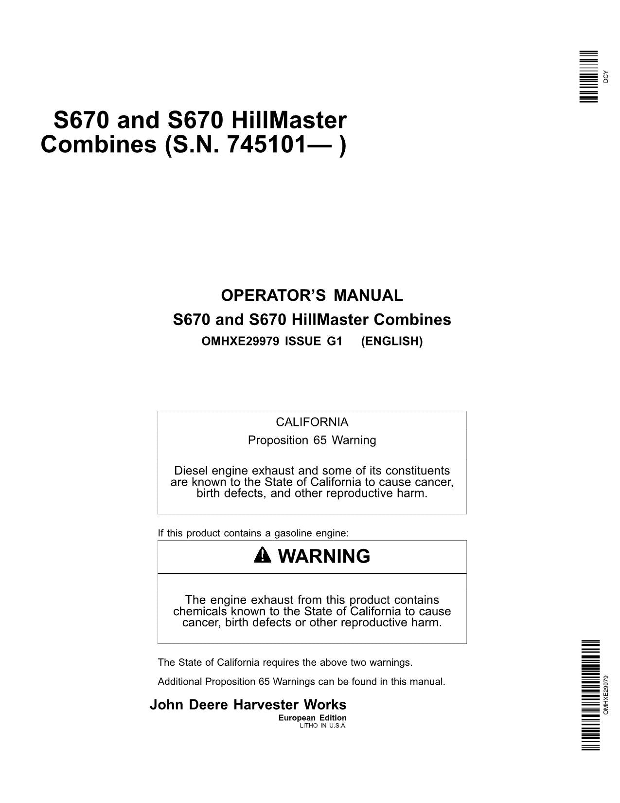 JOHN DEERE S670 MÄHDRESCHER-BETRIEBSHANDBUCH