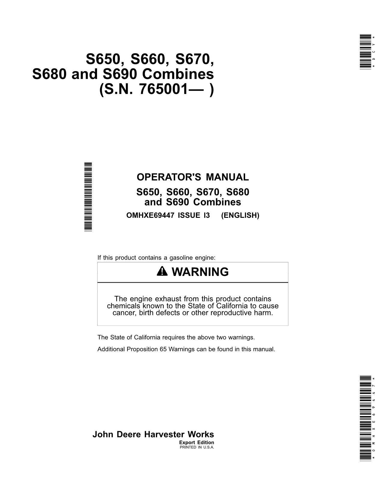 JOHN DEERE S650 STS S660 STS S670 S680 S690 COMBINE OPERATOR MANUAL