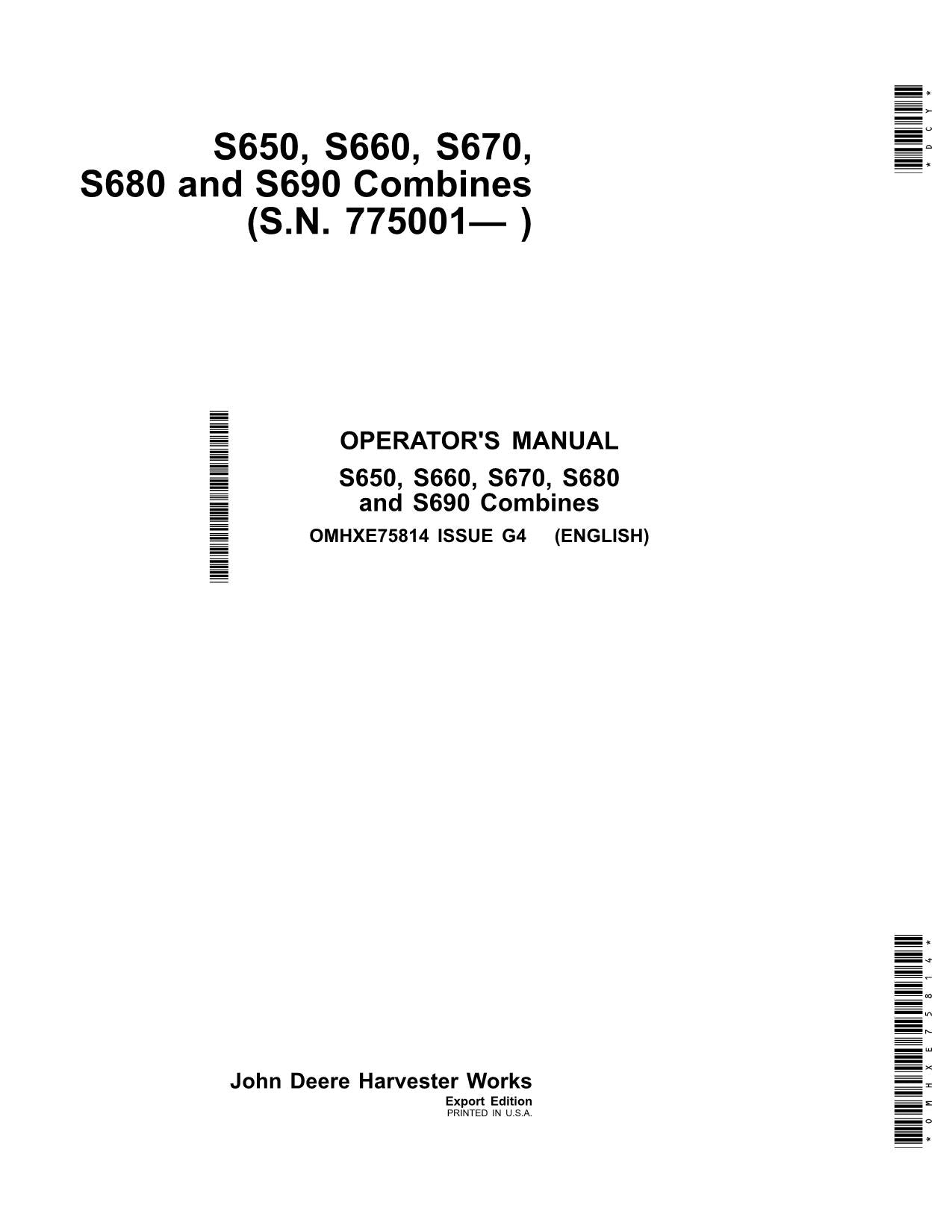 JOHN DEERE S650 STS S670 S660 STS S690 S685 S680 MÄHDRESCHER BEDIENUNGSANLEITUNG