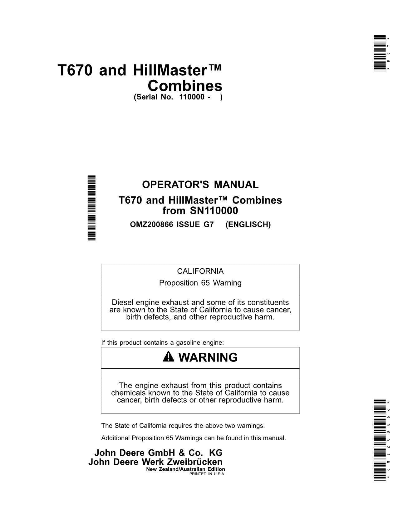 JOHN DEERE T670 MÄHDRESCHER-BETRIEBSHANDBUCH