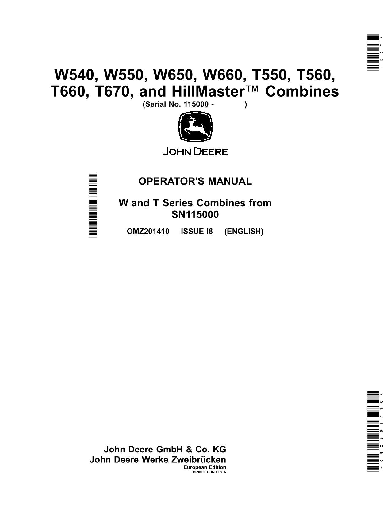 JOHN DEERE W540 W550 W650 W660 T550 T560 T660 COMBINE OPERATOR MANUAL